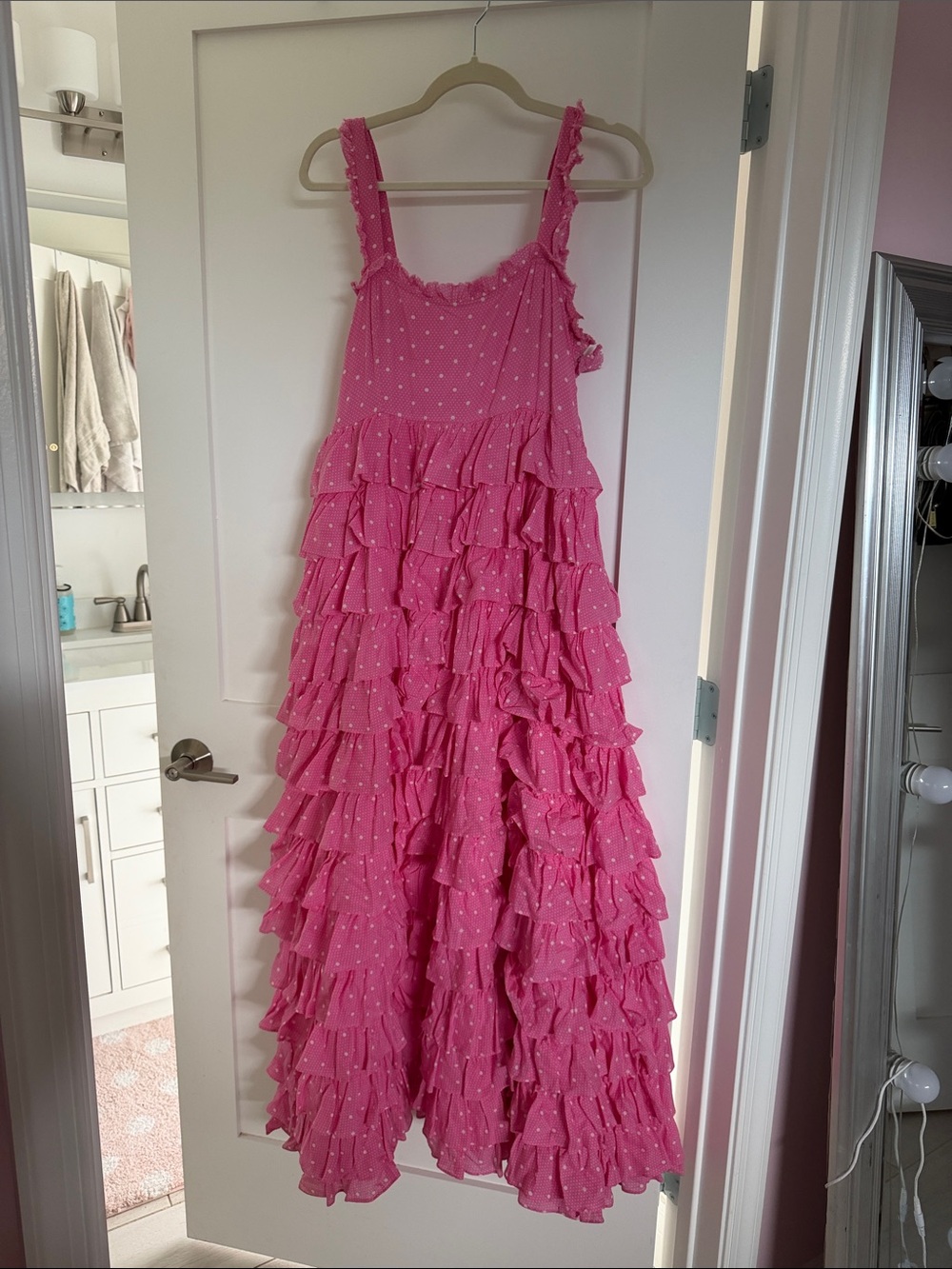 LoveShackFancy Pink Polka Dot Ruffle Maxi Dress